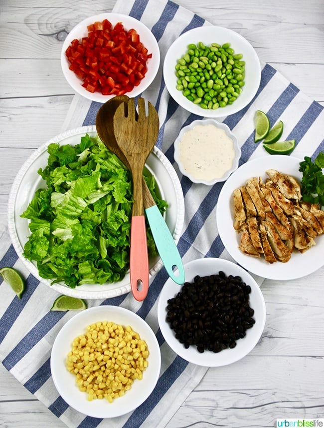 sliced chicken and assorted vegetables in bowls