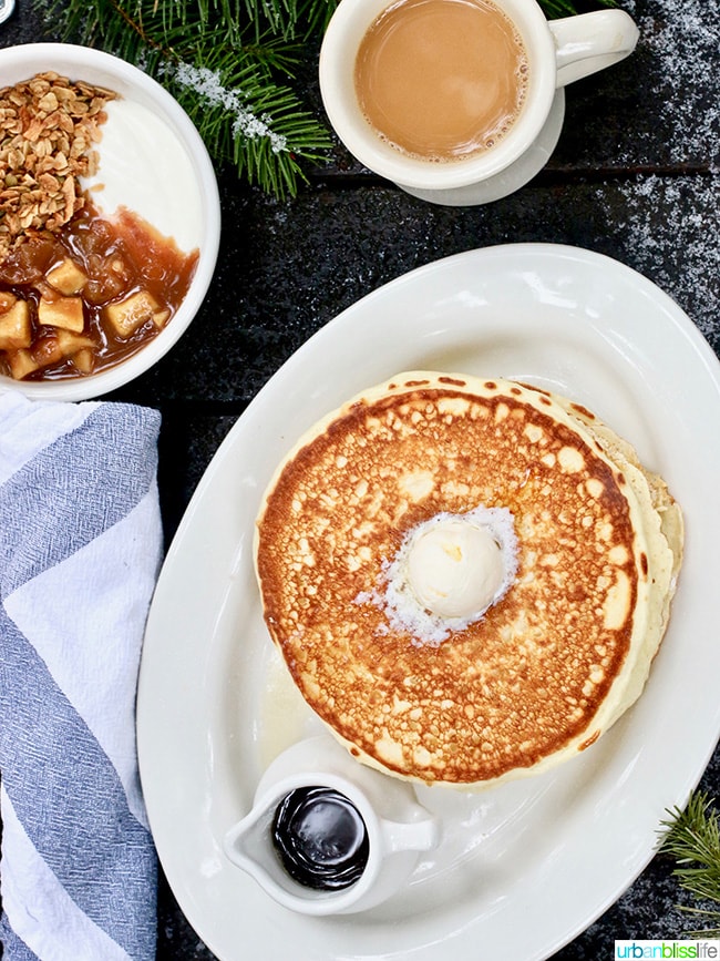 Suttle Lodge Breakfast: pancakes granola hashbrown