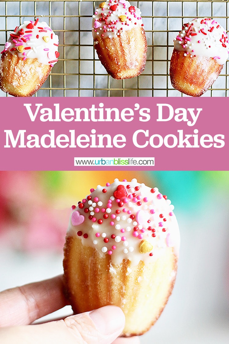 Valentine's Day madeleine cookies cakes with title text