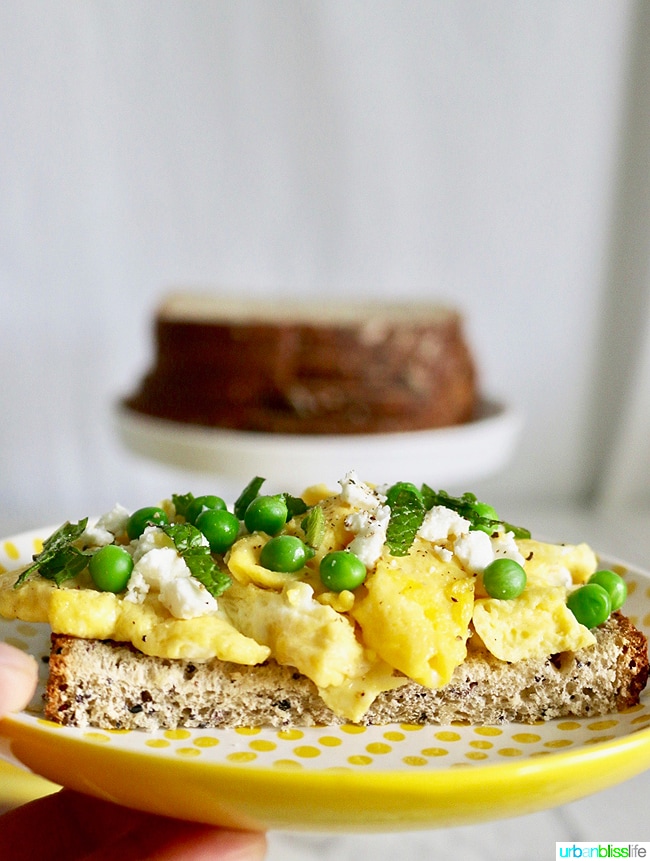 Spring Scramble Toast with peas and feta