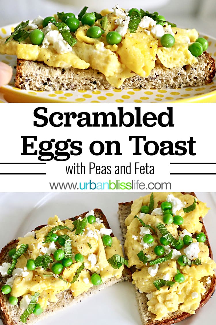 Scrambled eggs on toast with peas and feta
