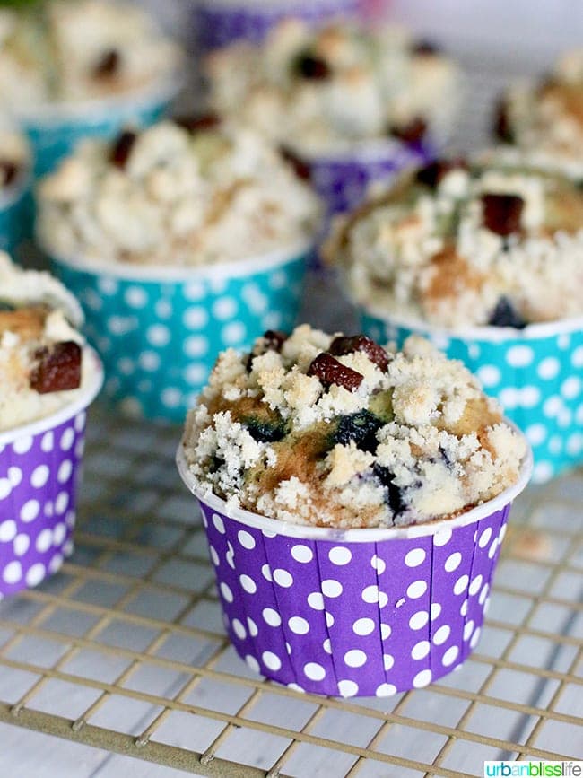 Double Berry Chocolate Chip Muffins recipe on UrbanBlissLife.com