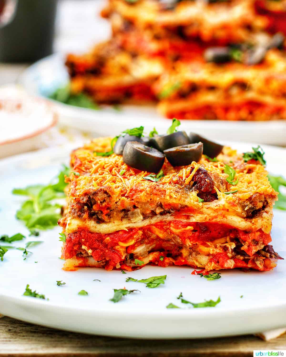what to do with leftover taco meat - close up slice of Mexican lasagna