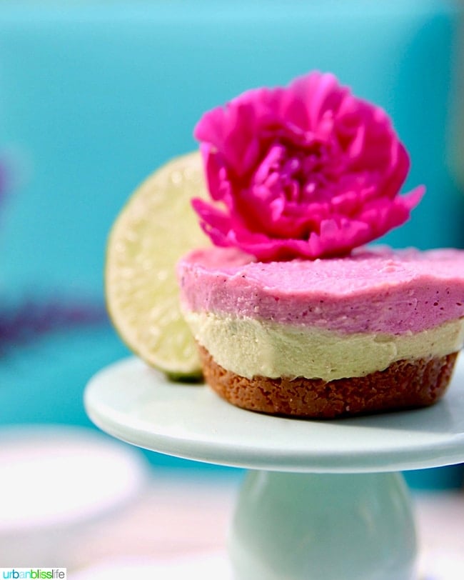 mini vegan cheesecakes with avocado, lime and pink pitaya