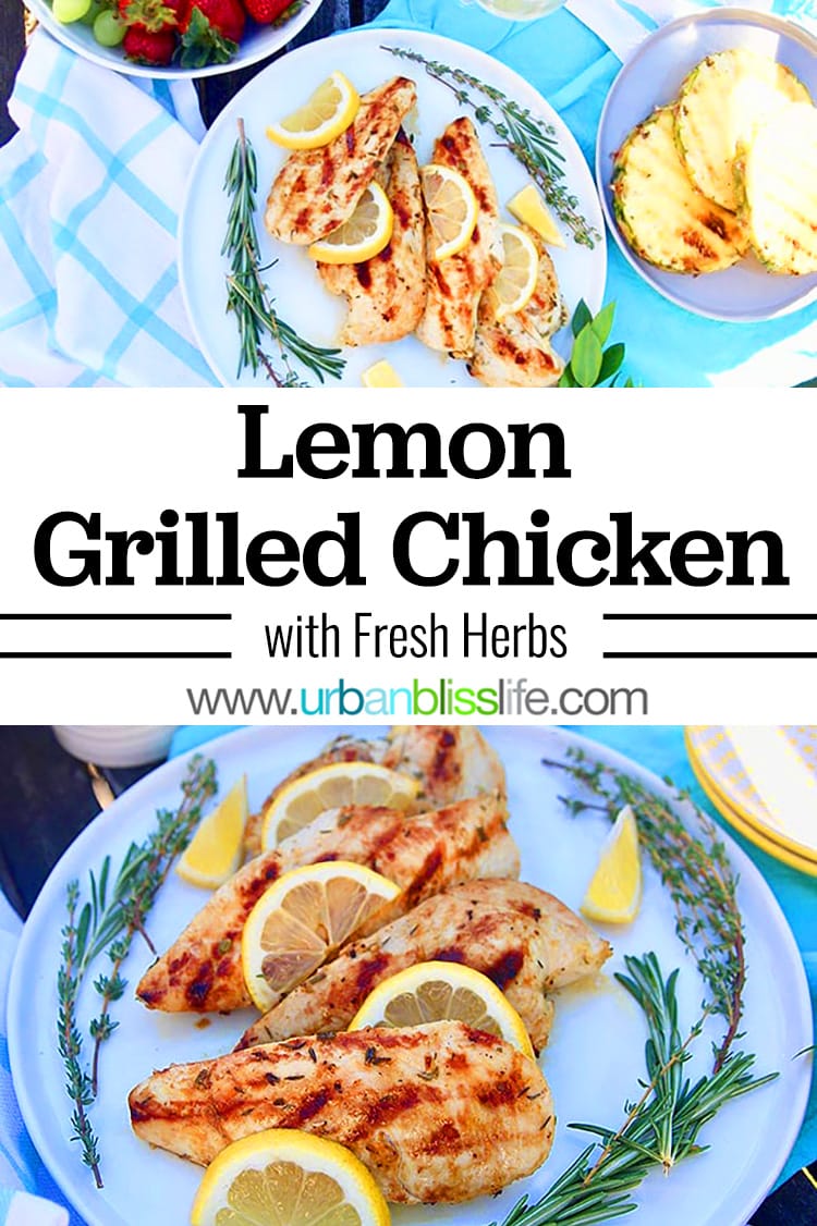 lemon grilled chicken with herbs and text overlay.