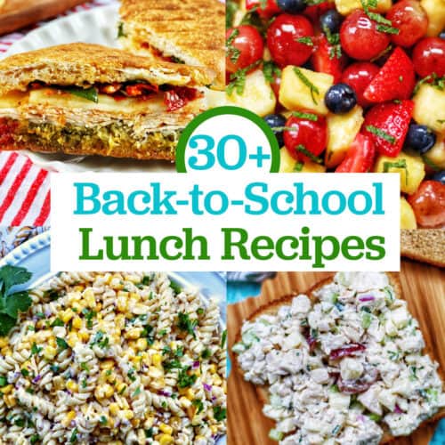 sandwiches, fruit salad, and pasta salads with title text overlay.
