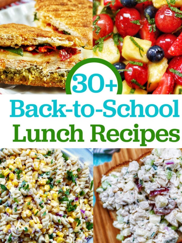 sandwiches, fruit salad, and pasta salads with title text overlay.