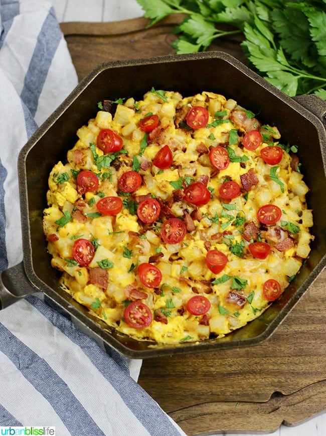 Tomato Basil Skillet Breakfast Scramble on UrbanBlissLife.com