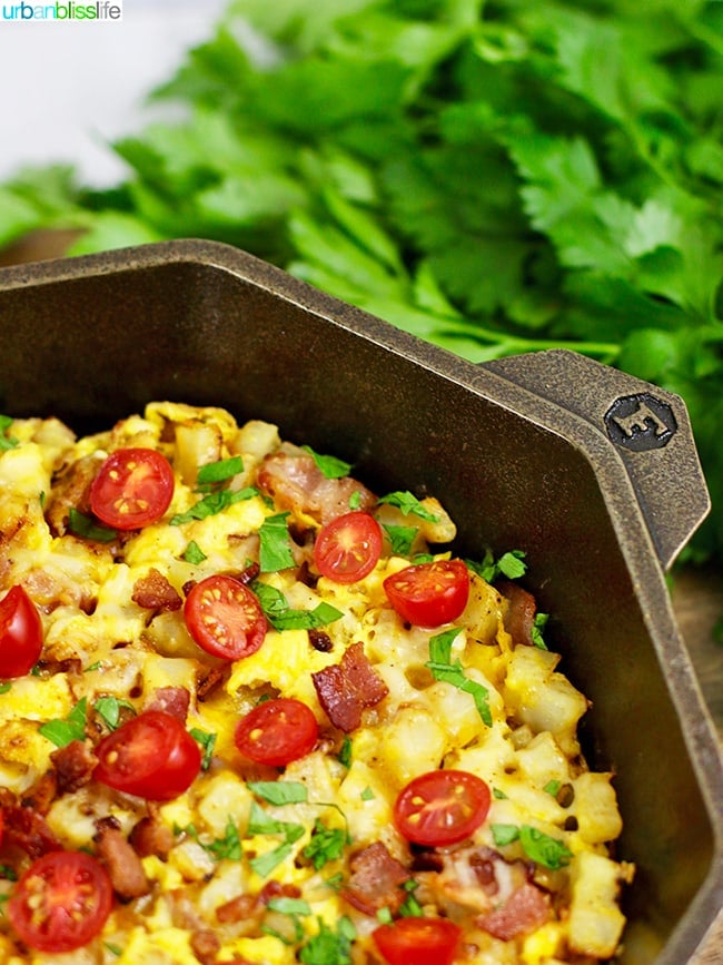 Tomato Basil Scrambled eggs in a skillet