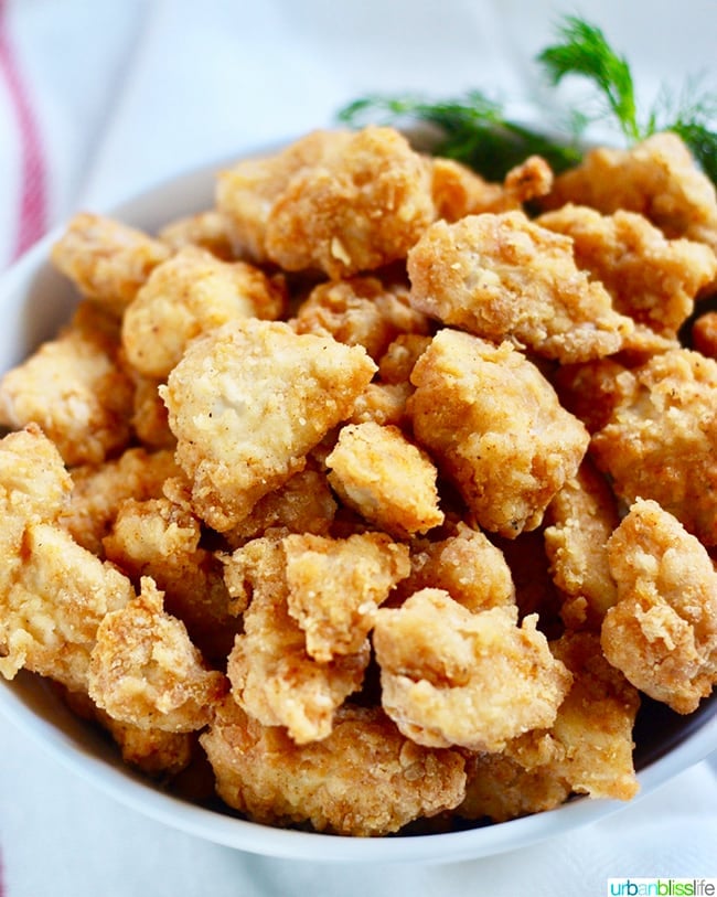 bowl full of crispy Air Fryer Popcorn Chicken.