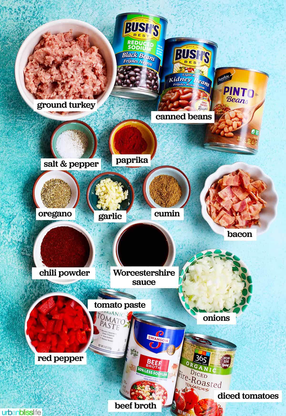 ingrdients to make instant pot chili on top of a bright blue background.