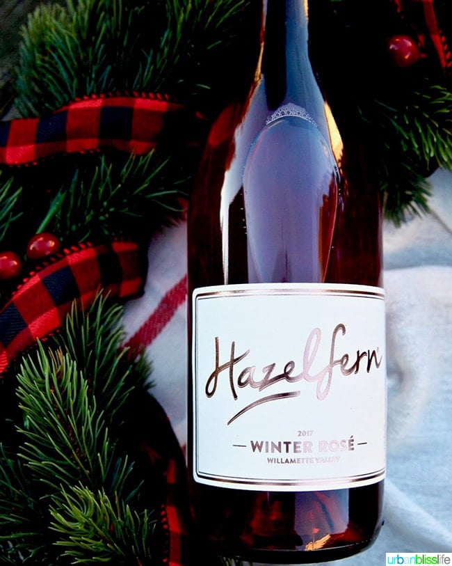 2017 Hazelfern Cellars Winter Rose with bottle with holiday decorations.