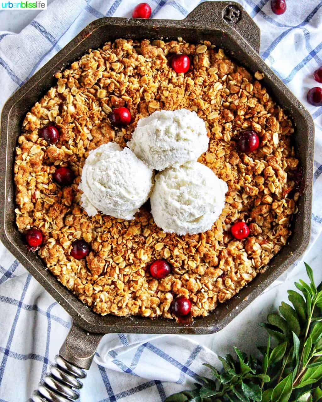 skillet apple cranberry crisp with three scoops of vanilla ice cream