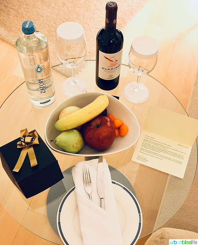 Hilton Athens welcome gifts of wine and fruit