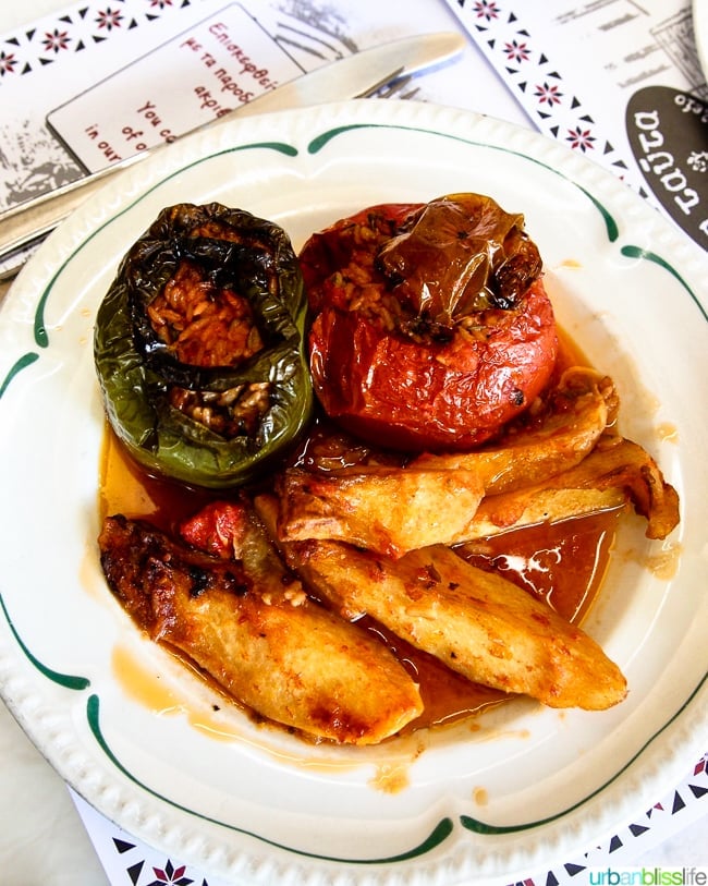 stuffed tomatoes and peppers in restaurant
