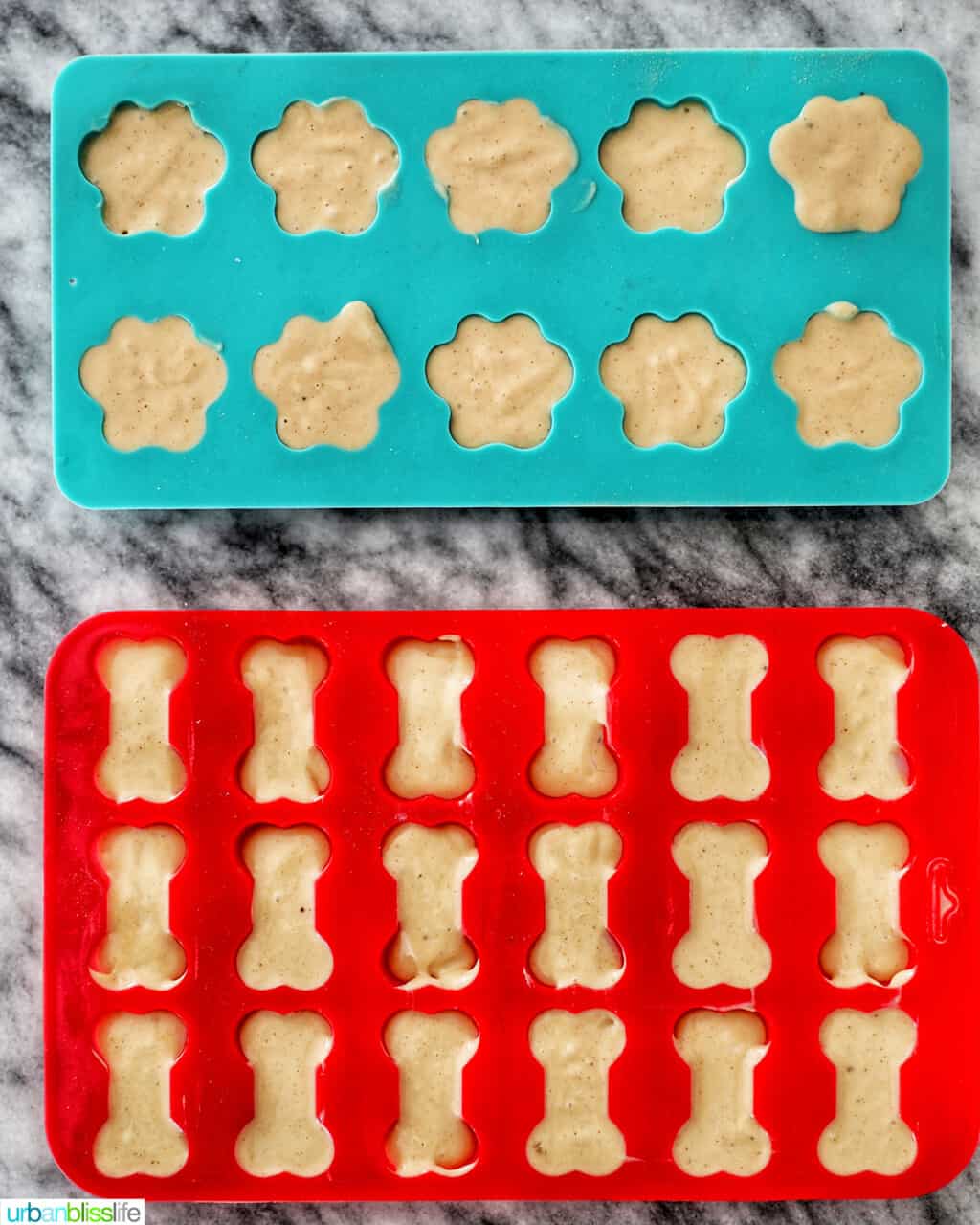 frozen peanut butter banana dog treats in silicone molds