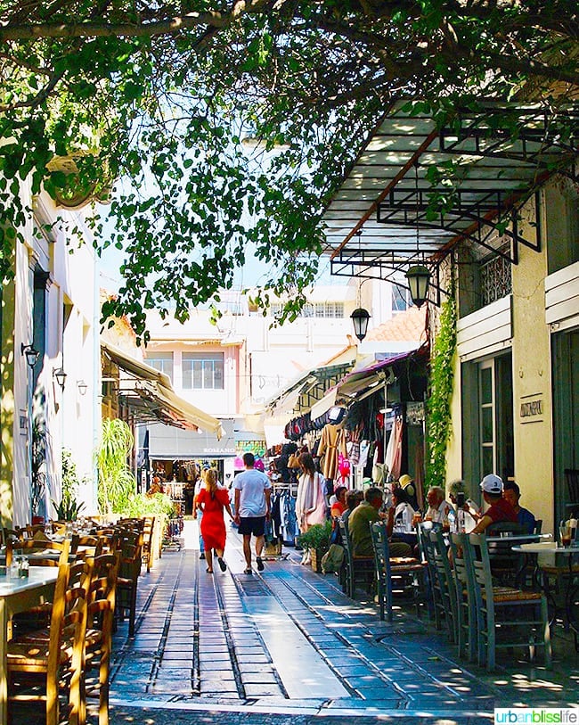 plaka shops and outdoor restaurants in Athens, Greece