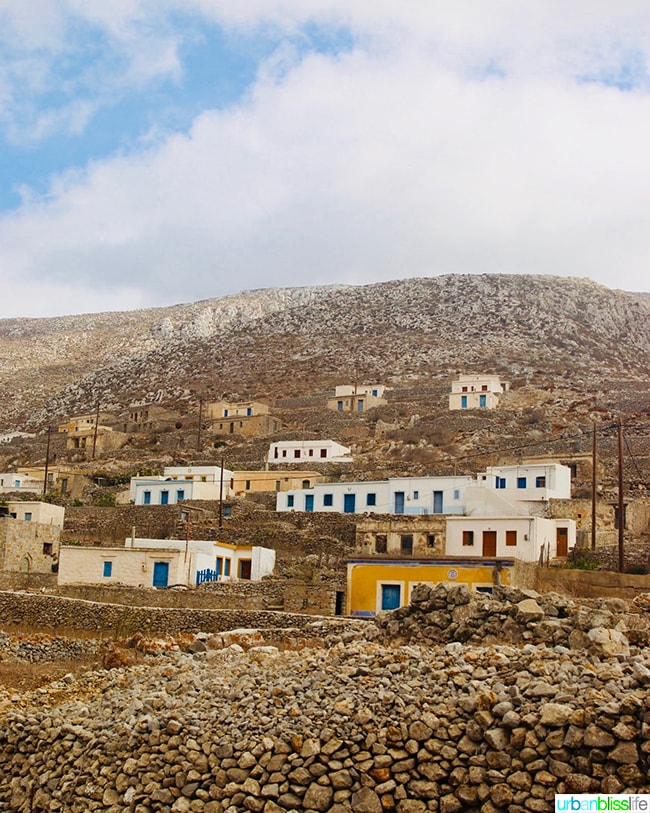 rocky hillside and small houses on the Avlona hillside on Karpathos Island, Greece.