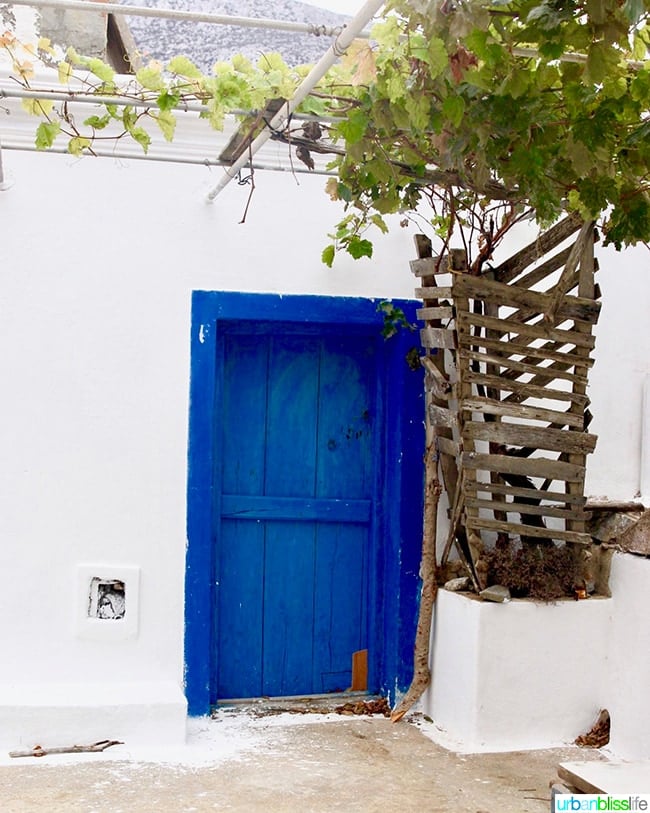 bright blue door on whitewashed house with tree over the doorway on Karpathos, Greece.