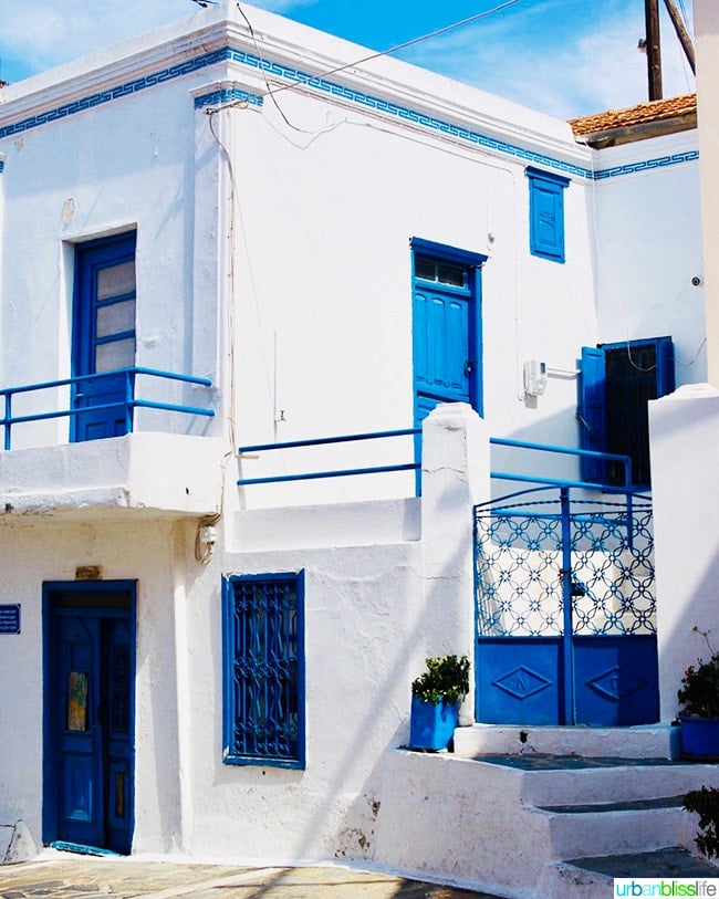 classic white and blue house on Karpathos island, Greece