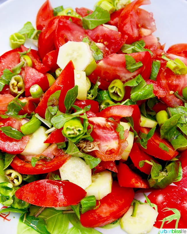 bright greens, cucumbers, tomatoes in a traditional greek salad.