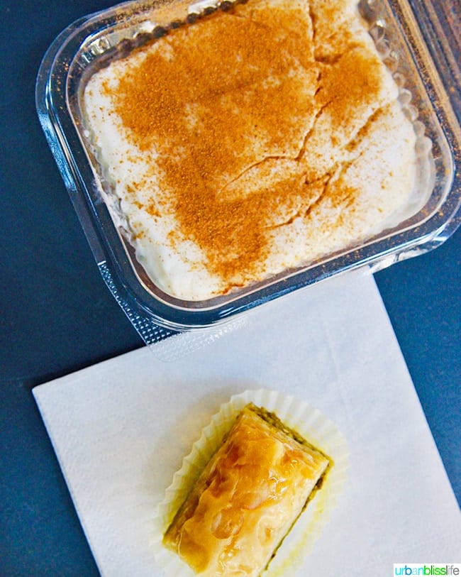 Greek baklava and tavuk Greek rice pudding in Athens, Greece