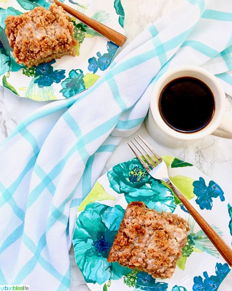 flatlay set of Banana Crumb Coffee Cake with coffee