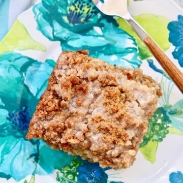 flatlay single slice of Banana Crumb Coffee Cake