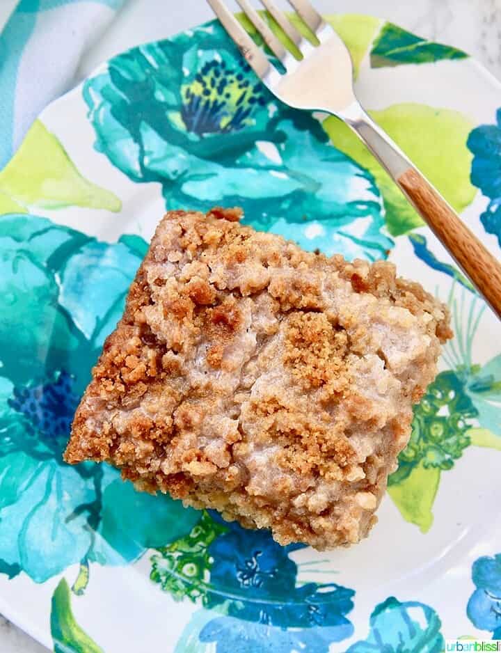 flatlay single slice of Banana Crumb Coffee Cake