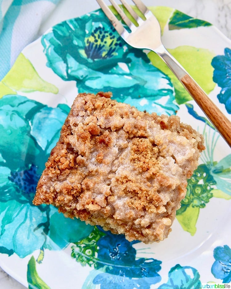 flatlay single slice of Banana Crumb Coffee Cake