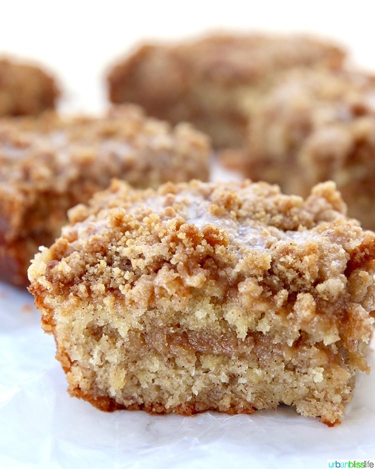 close up of single slice of Banana Crumb Coffee Cake