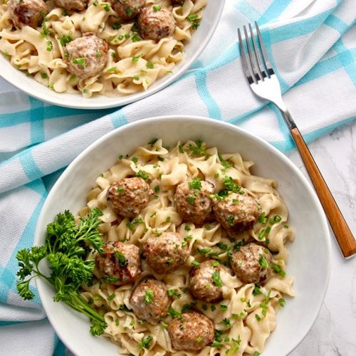 Instant Pot Swedish Meatballs dairy-free two bowls closer in