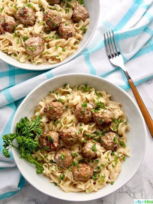 Instant Pot Swedish Meatballs dairy-free two bowls closer in