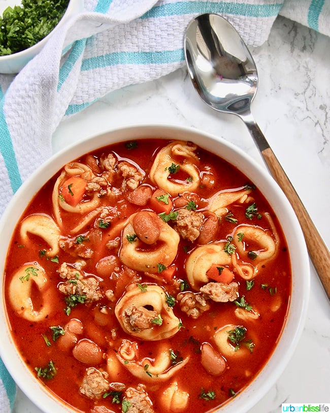 Sausage Tortellini Soup bowl with spoon