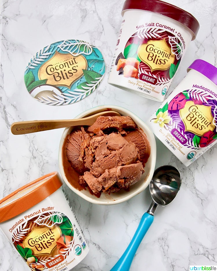 package of Coconut Bliss chocolate peanut butter ice cream and other flavors