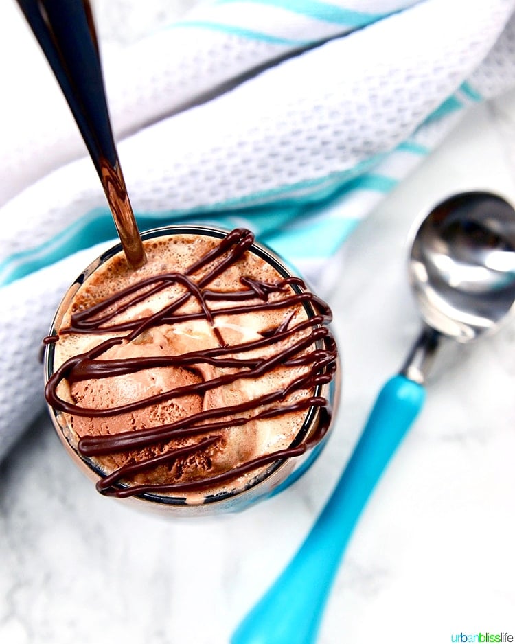 Dairy free ice cream recipe: Boozy Chocolate Peanut Butter Floats with ice cream scoop