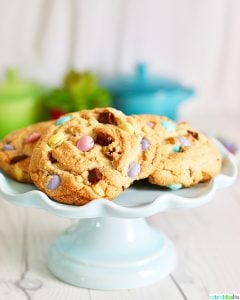 Giant Chocolate Chip M & M Cookies on cake plate