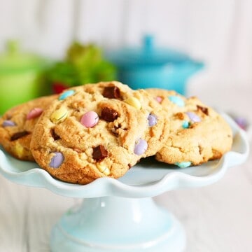 Giant Chocolate Chip M & M Cookies on cake plate