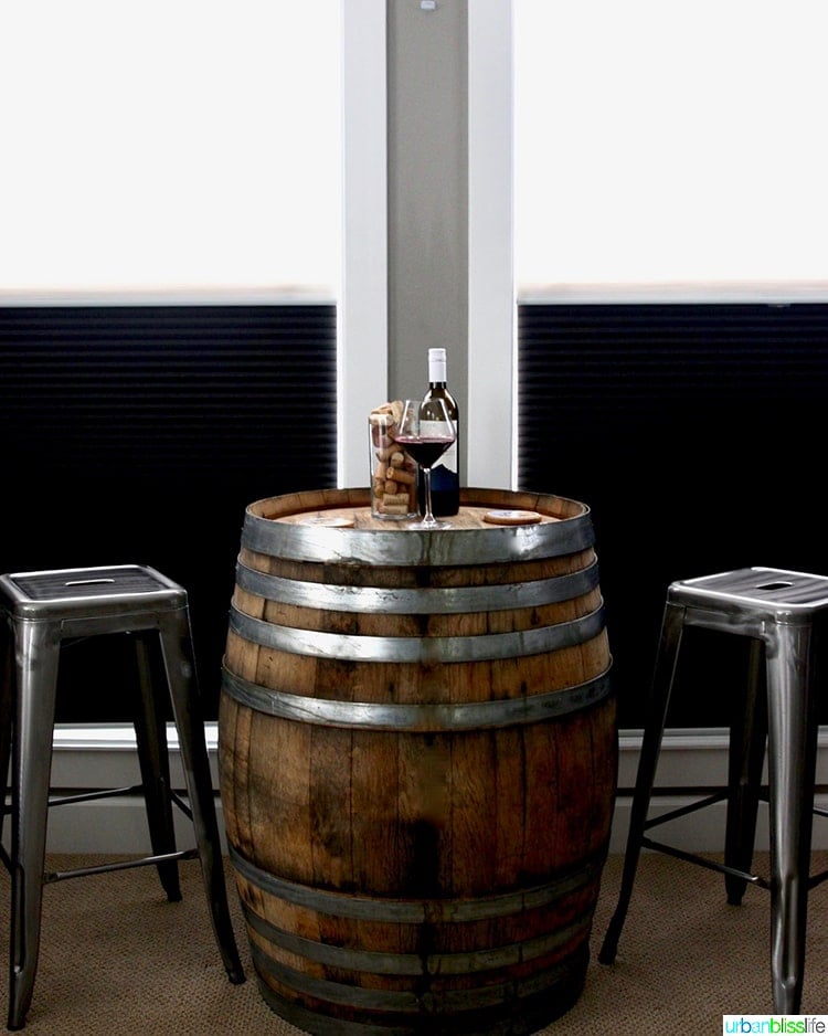 wine barrel table in home bar