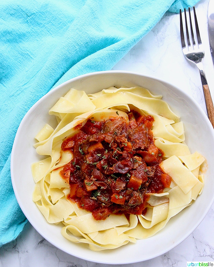 bowl of Instant Pot Short Ribs ragu with fork