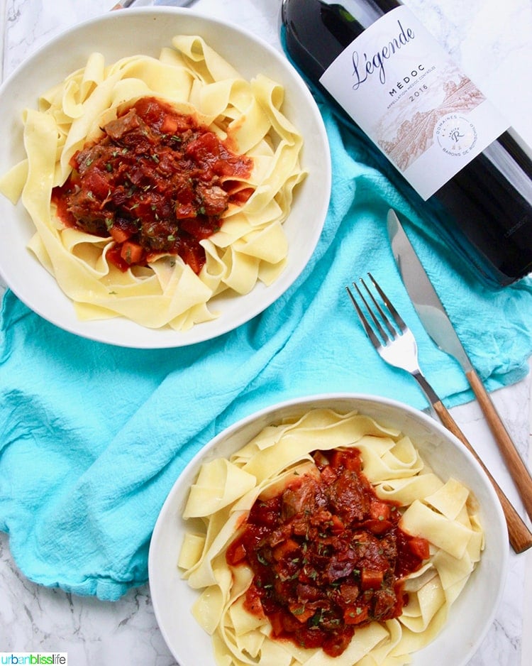 Instant Pot Short Rib Ragu with red wine bottle