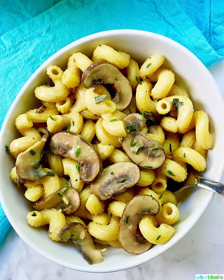 Creamy Vegan Mushroom Pasta in bowl with fork