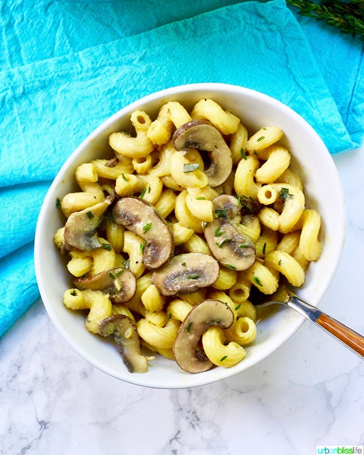 Creamy Vegan Mushroom Pasta in bowl with fork