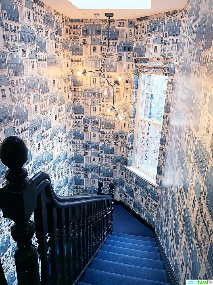 colorful wallpapered staircase at Wilder Townhouse