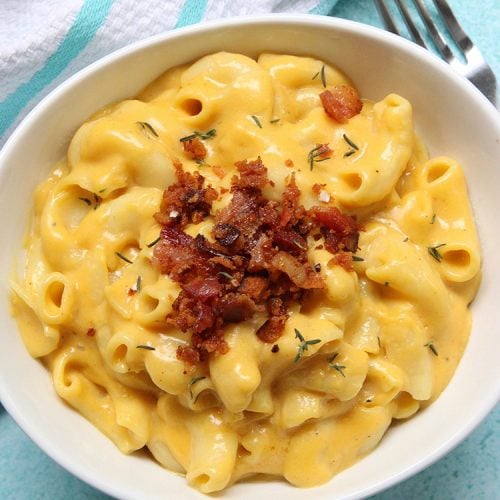 Dairy-Free-Mac-and-Cheese-close up with fork