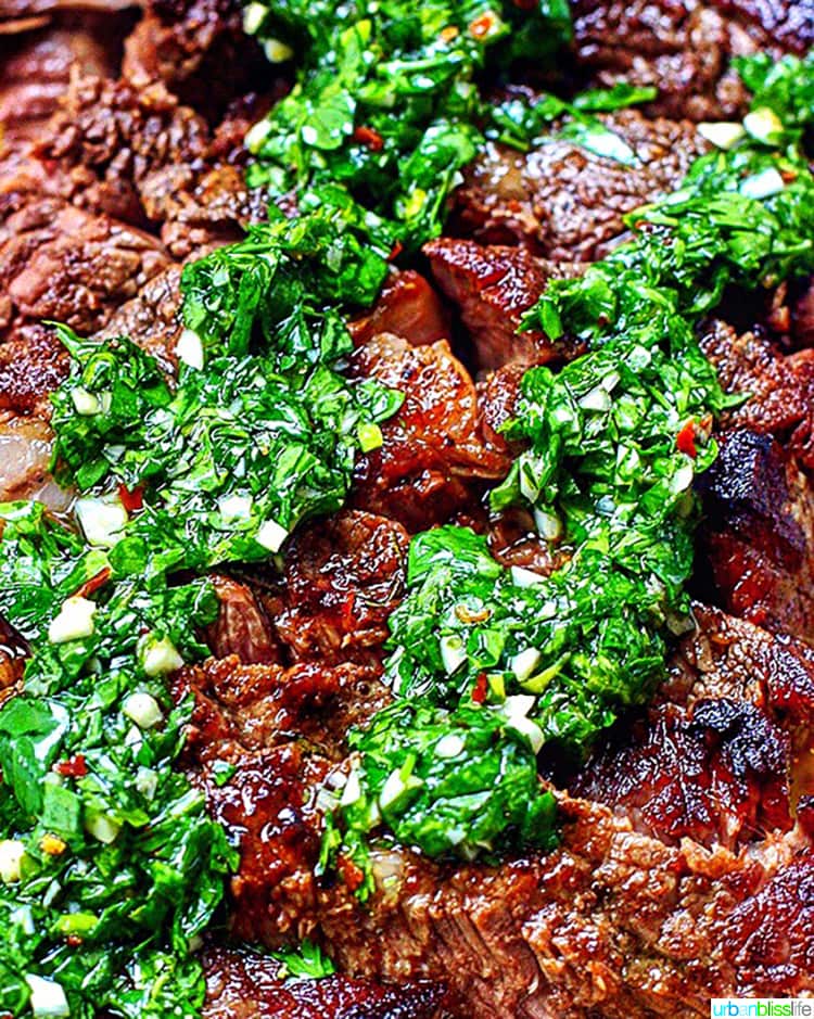 Cast iron rib eye steak with chimichurri sauce