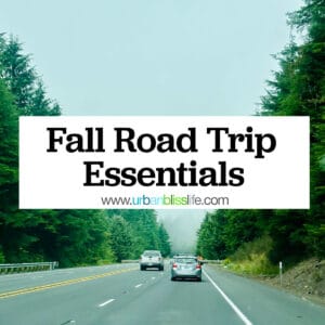 Oregon highway with title text that reads "Fall Road Trip Essentials."
