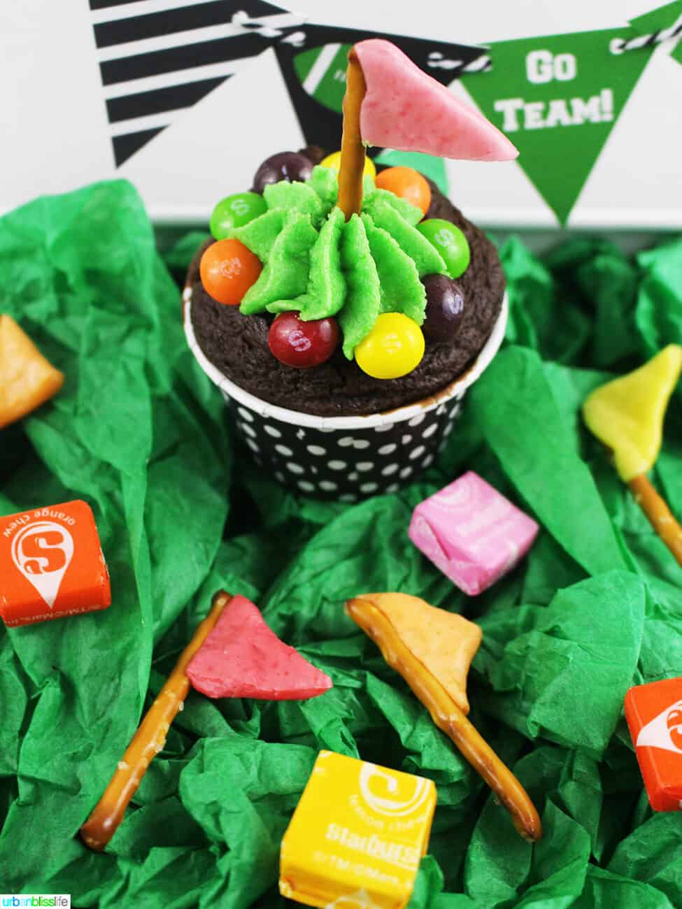 game day pretzel flags on cupcake and candy