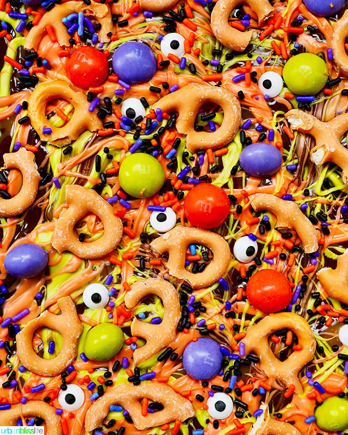 closeup of monster halloween bark candy