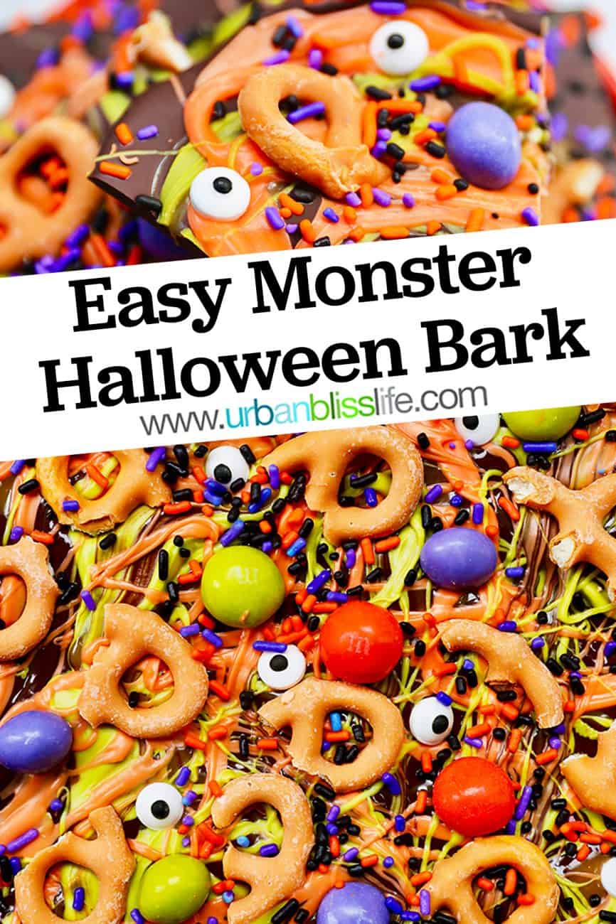 closeup of monster halloween bark candy with text overlay